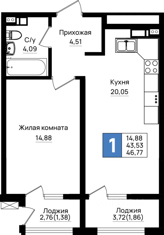 1-комн.кв., 46,8 м², 3/18 этаж