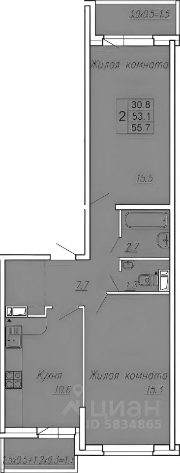 Планировка этой квартиры по данным Циан