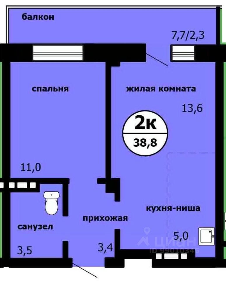 2-комн.кв., 38,4 м², 4/9 этаж