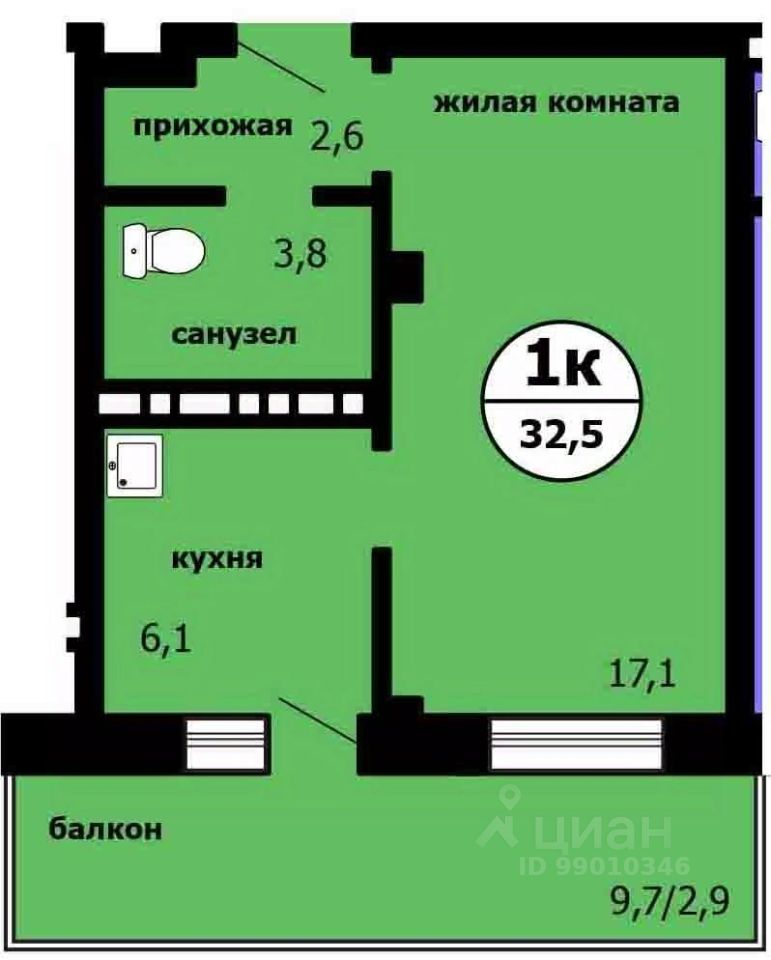 1-комн.кв., 32,2 м², 6/9 этаж