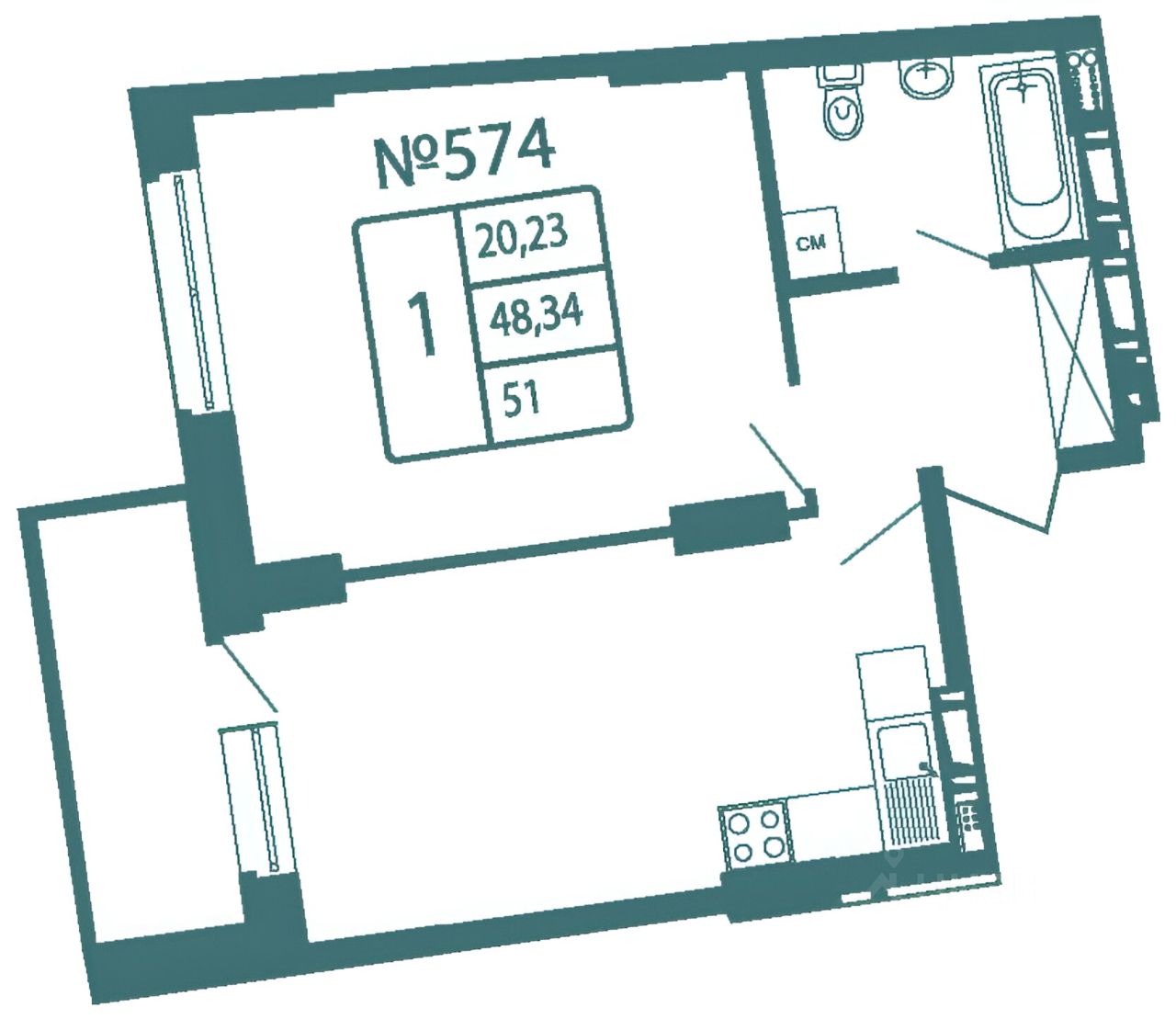 Планировка этой квартиры по данным Циан