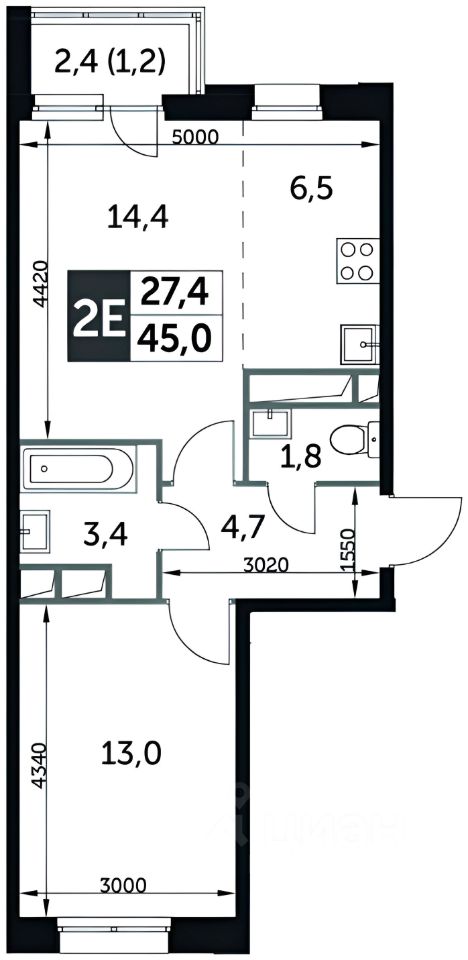 Планировка этой квартиры по данным Циан