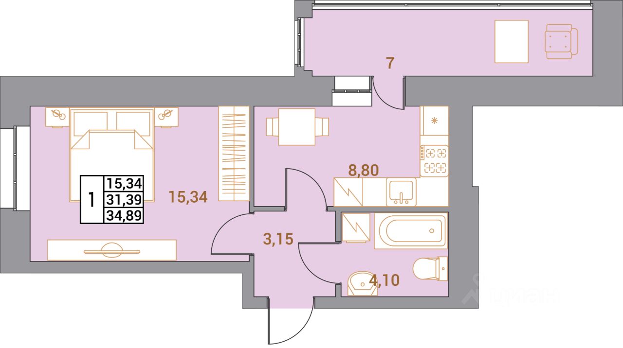 1-комн.кв., 34,9 м², 3/10 этаж