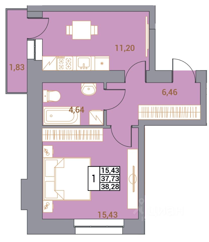 1-комн.кв., 38,3 м², 3/10 этаж