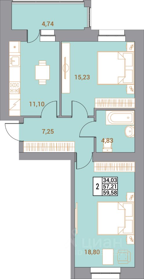 2-комн.кв., 59,6 м², 2/10 этаж