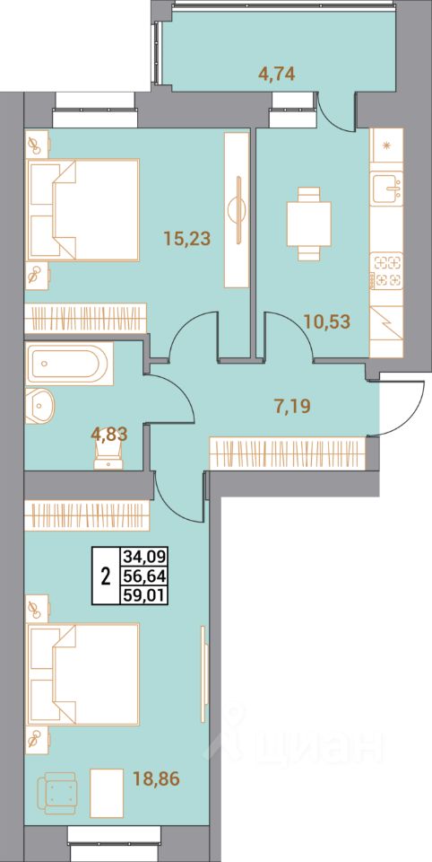 2-комн.кв., 59 м², 5/10 этаж