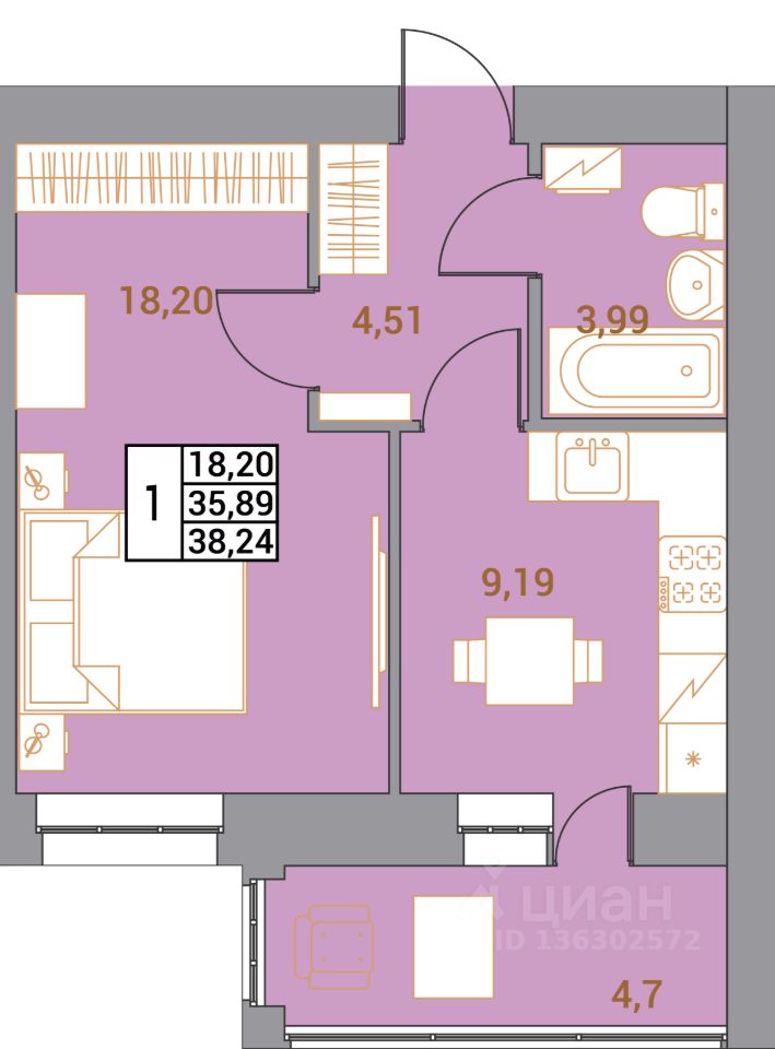 1-комн.кв., 38,2 м², 3/10 этаж