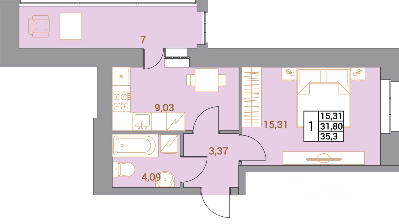 1-комн.кв., 35,3 м², 7/10 этаж