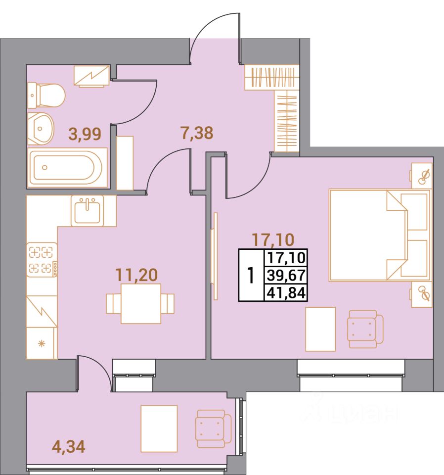 1-комн.кв., 41,8 м², 4/10 этаж