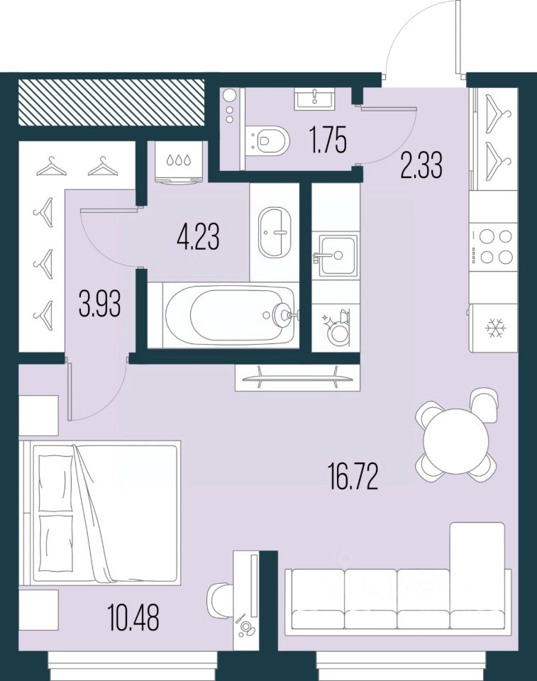 1-комн.кв., 39,4 м², 2/22 этаж