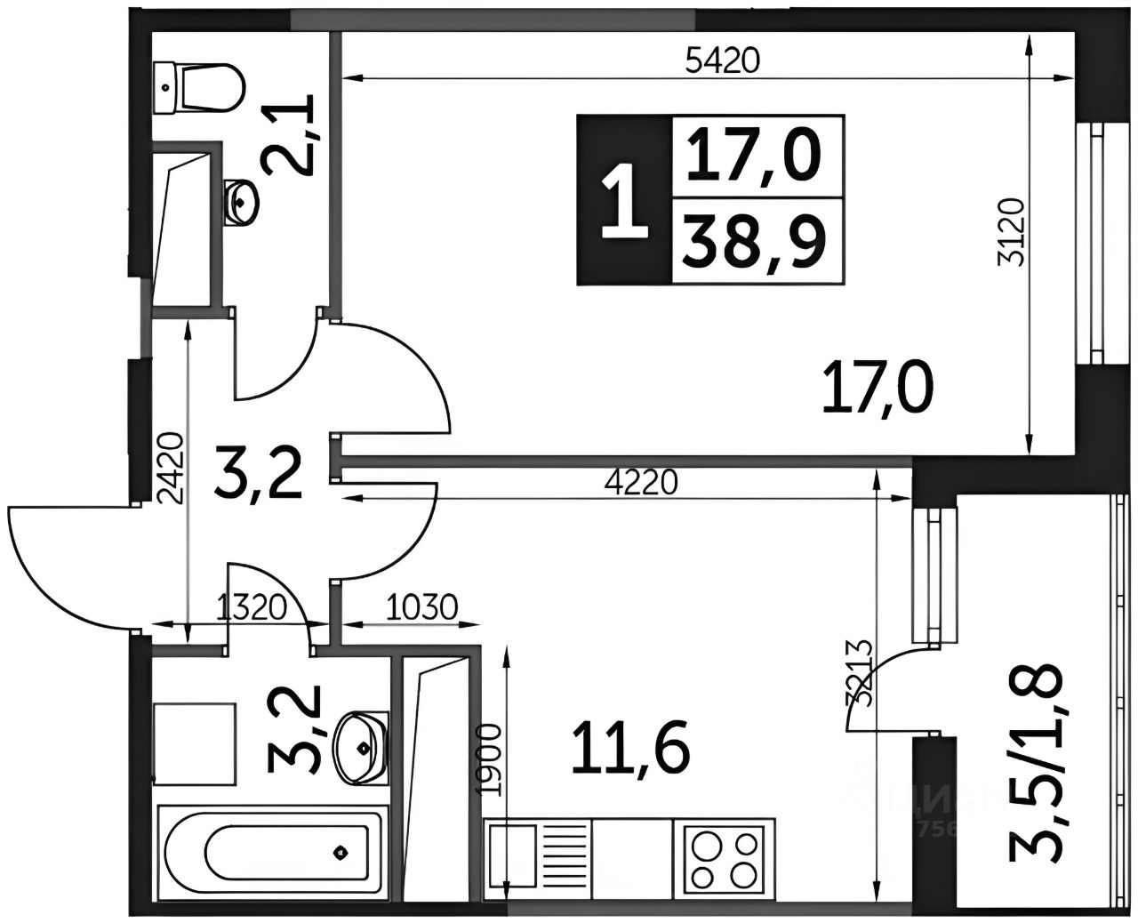 Планировка этой квартиры по данным Циан