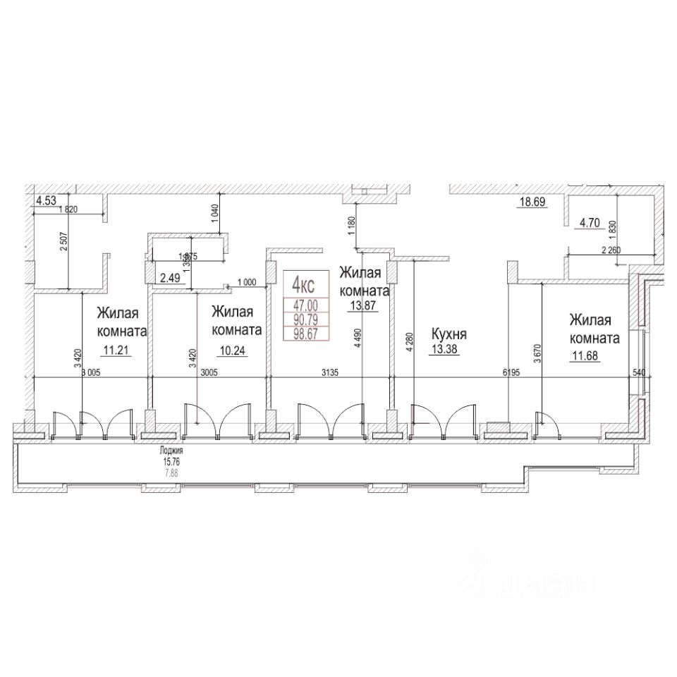 3-комн.кв., 90,7 м², 19/21 этаж