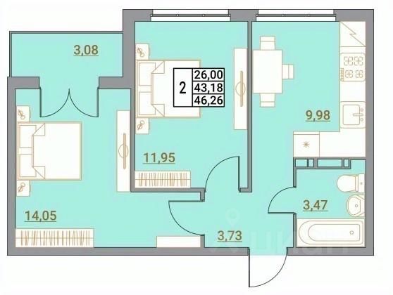 2-комн.кв., 46,3 м², 4/5 этаж