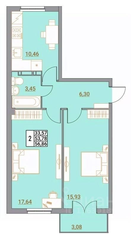 2-комн.кв., 56,9 м², 3/5 этаж