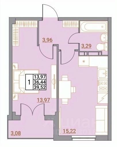 1-комн.кв., 39,5 м², 3/5 этаж