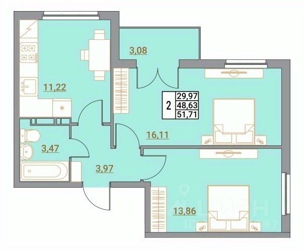 2-комн.кв., 51,7 м², 3/5 этаж