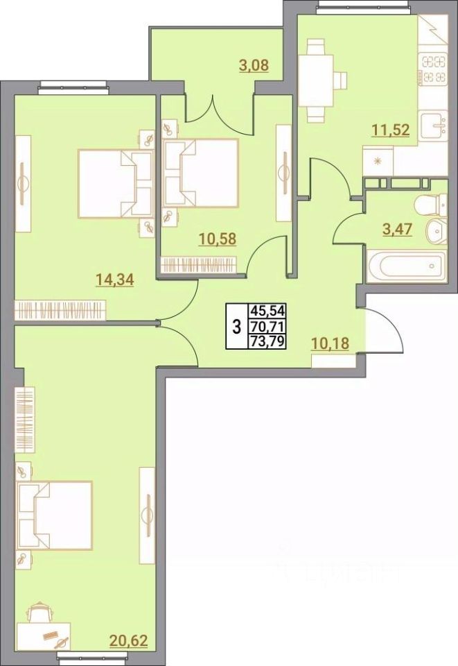 3-комн.кв., 73,8 м², 5/5 этаж
