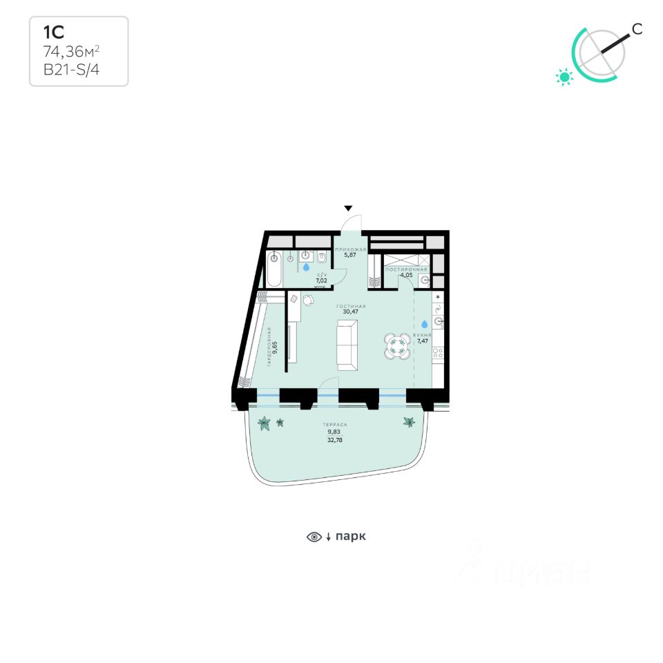 Студия, 74,4 м², 1/7 этаж