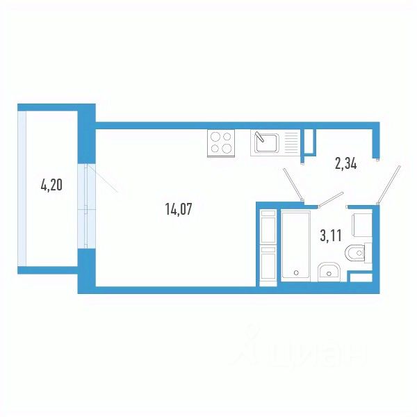 Студия, 20,8 м², 6/12 этаж
