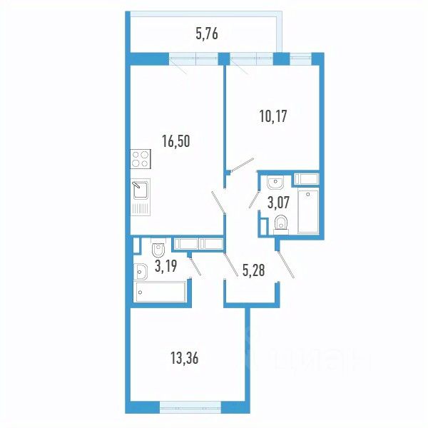 2-комн.кв., 52,8 м², 3/12 этаж