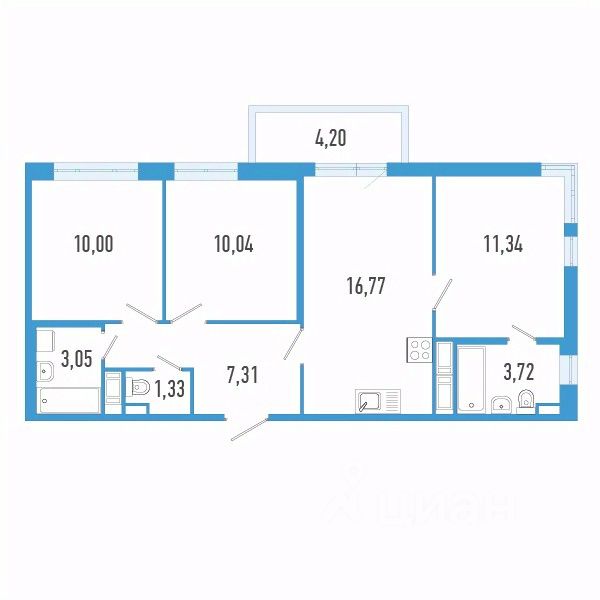 3-комн.кв., 64,8 м², 3/12 этаж