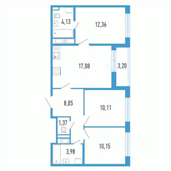 3-комн.кв., 68,8 м², 3/12 этаж