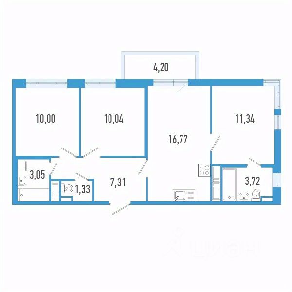 3-комн.кв., 64,8 м², 4/12 этаж