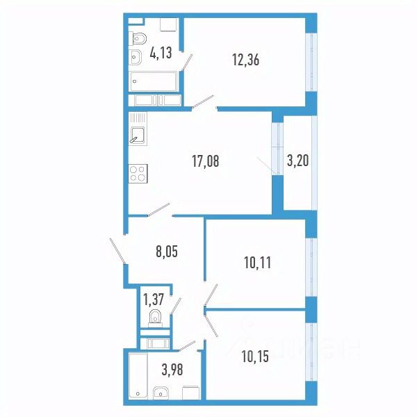 3-комн.кв., 68,8 м², 4/12 этаж