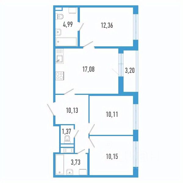 3-комн.кв., 69,4 м², 2/12 этаж