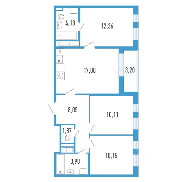 3-комн.кв., 68,8 м², 10/12 этаж