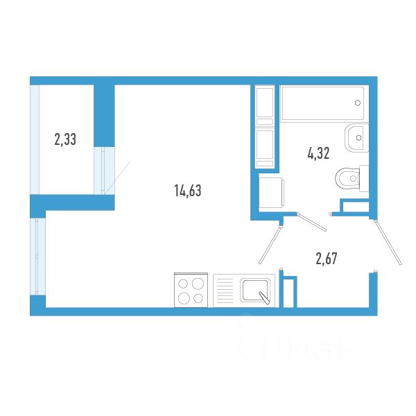 Студия, 22,8 м², 8/12 этаж