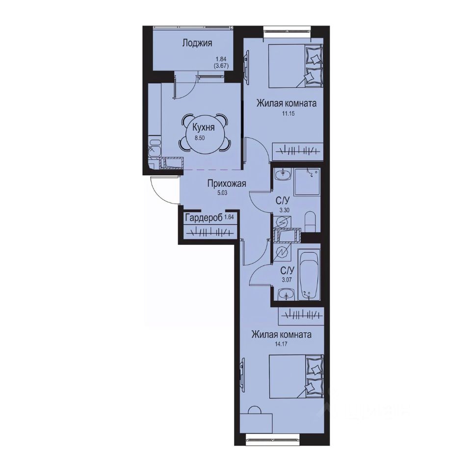 2-комн.кв., 48,7 м², 8/9 этаж