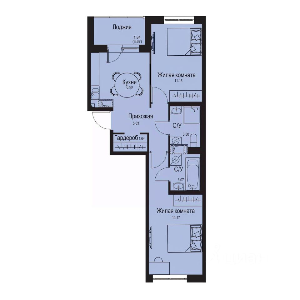 2-комн.кв., 48,7 м², 2/9 этаж