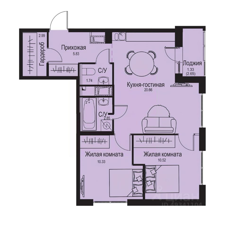 2-комн.кв., 56,2 м², 3/9 этаж