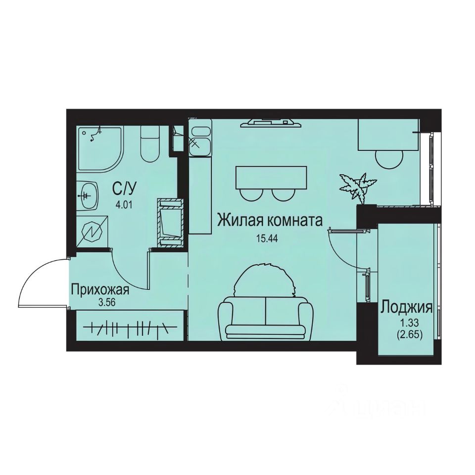 Студия, 24,3 м², 9/9 этаж