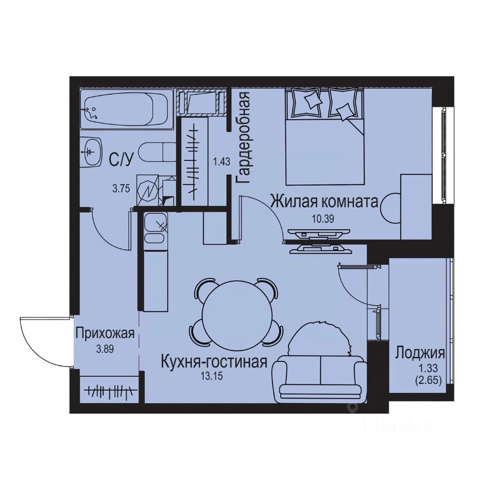 1-комн.кв., 33,9 м², 5/9 этаж