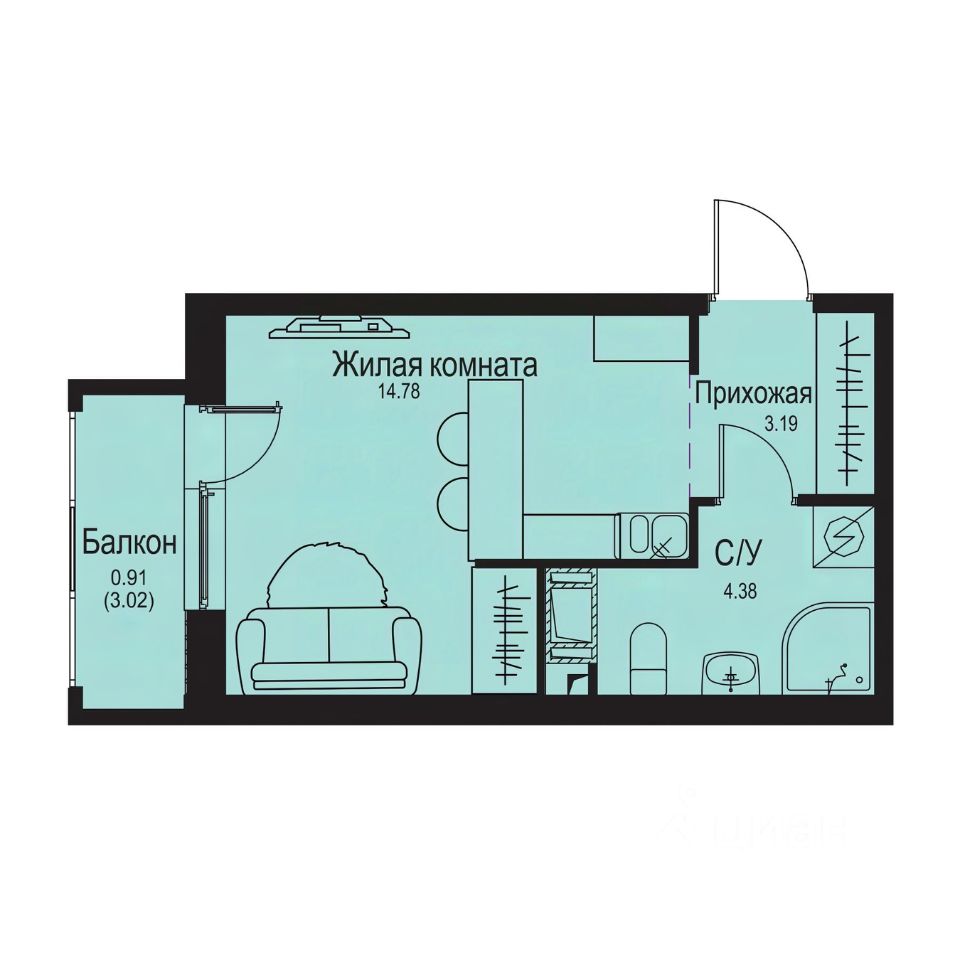 Студия, 23,3 м², 3/9 этаж