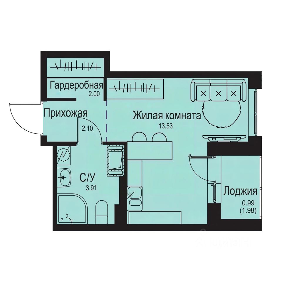 Студия, 22,5 м², 3/9 этаж