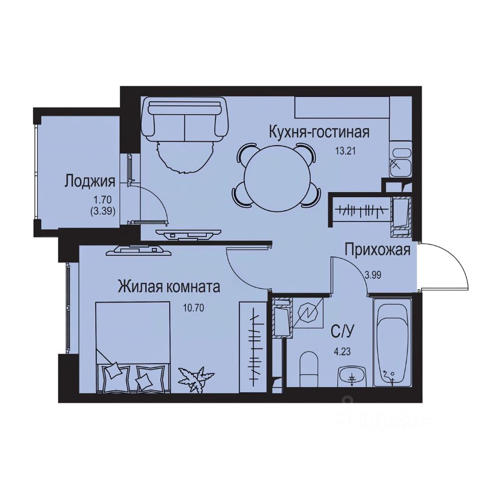 1-комн.кв., 33,8 м², 2/9 этаж