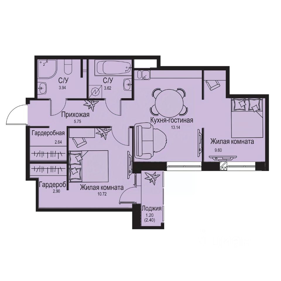 2-комн.кв., 53,5 м², 1/9 этаж