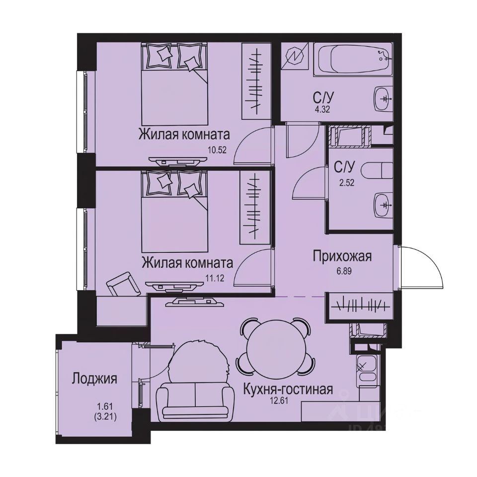 2-комн.кв., 49,6 м², 6/9 этаж