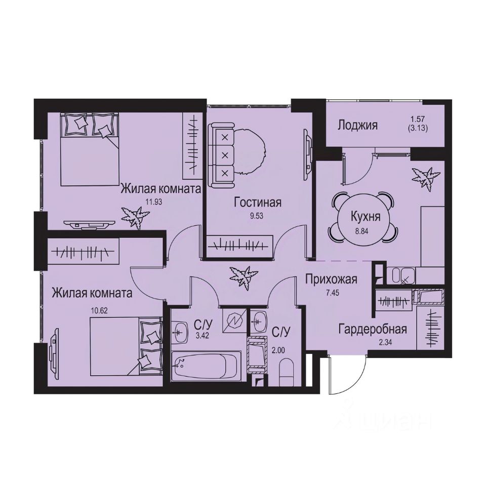 3-комн.кв., 57,7 м², 3/9 этаж