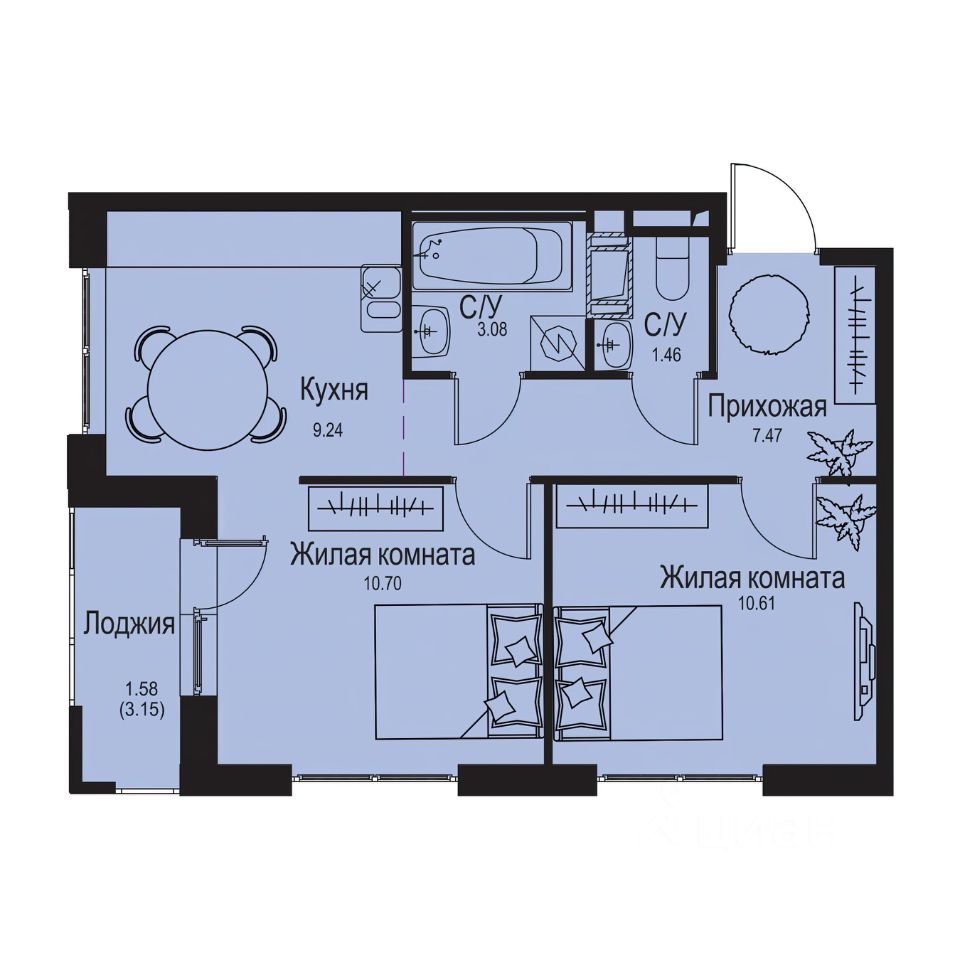 2-комн.кв., 44,1 м², 3/9 этаж