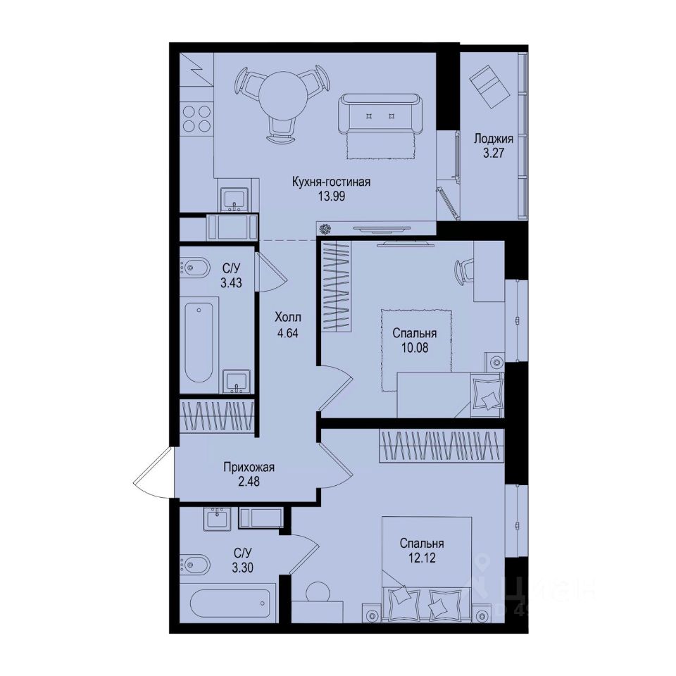 2-комн.кв., 51,7 м², 6/9 этаж