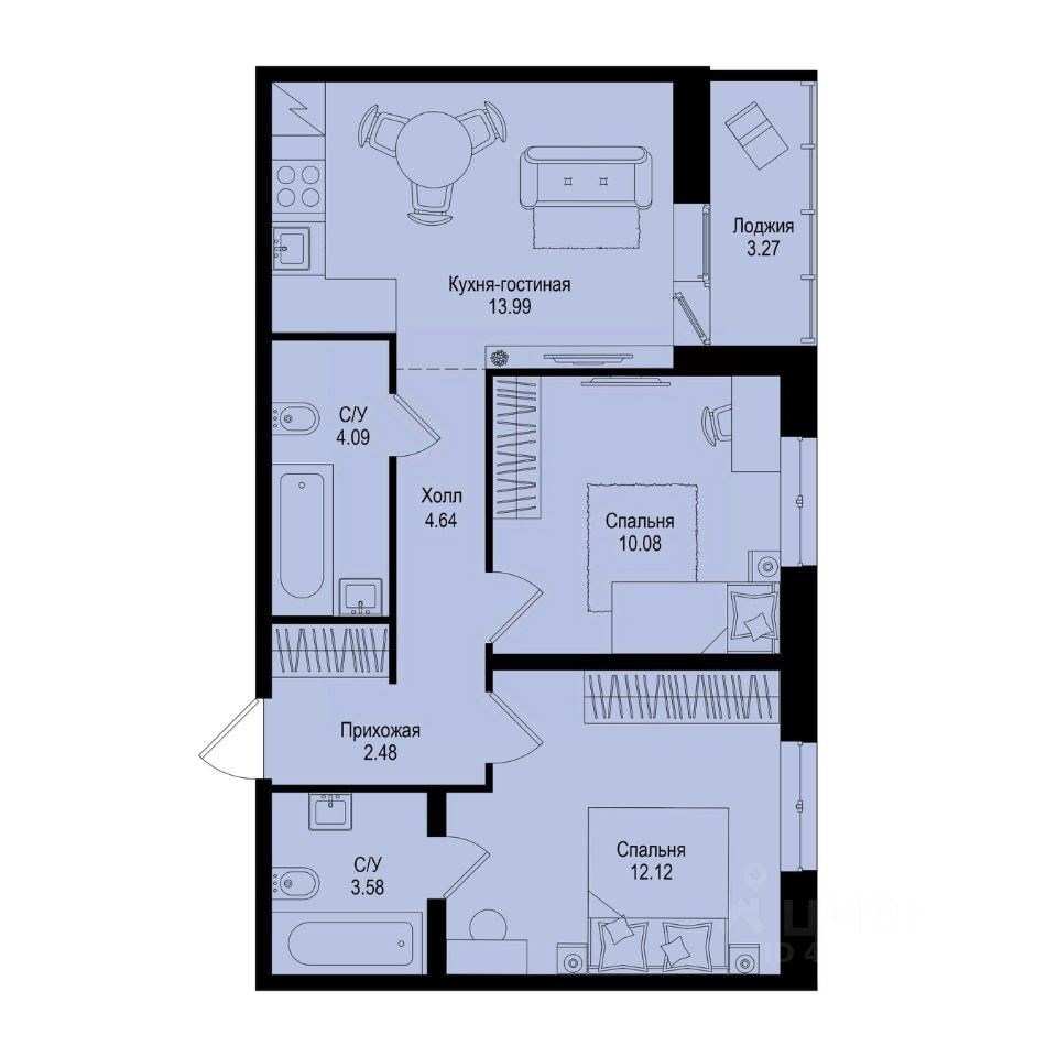 2-комн.кв., 52,6 м², 2/9 этаж