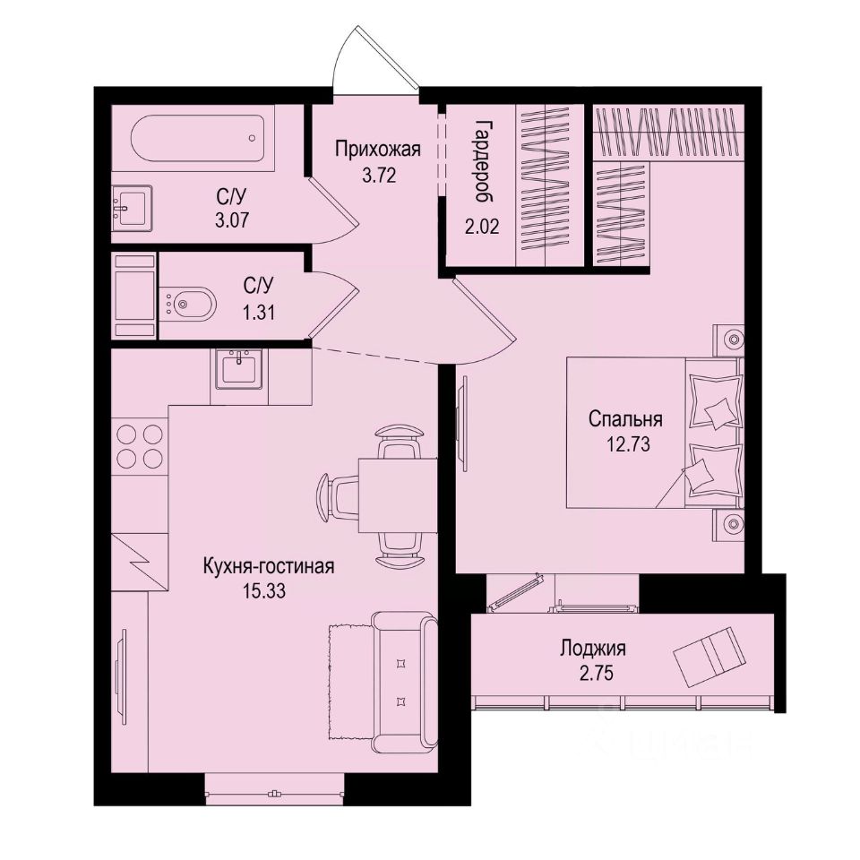 1-комн.кв., 39,5 м², 9/9 этаж