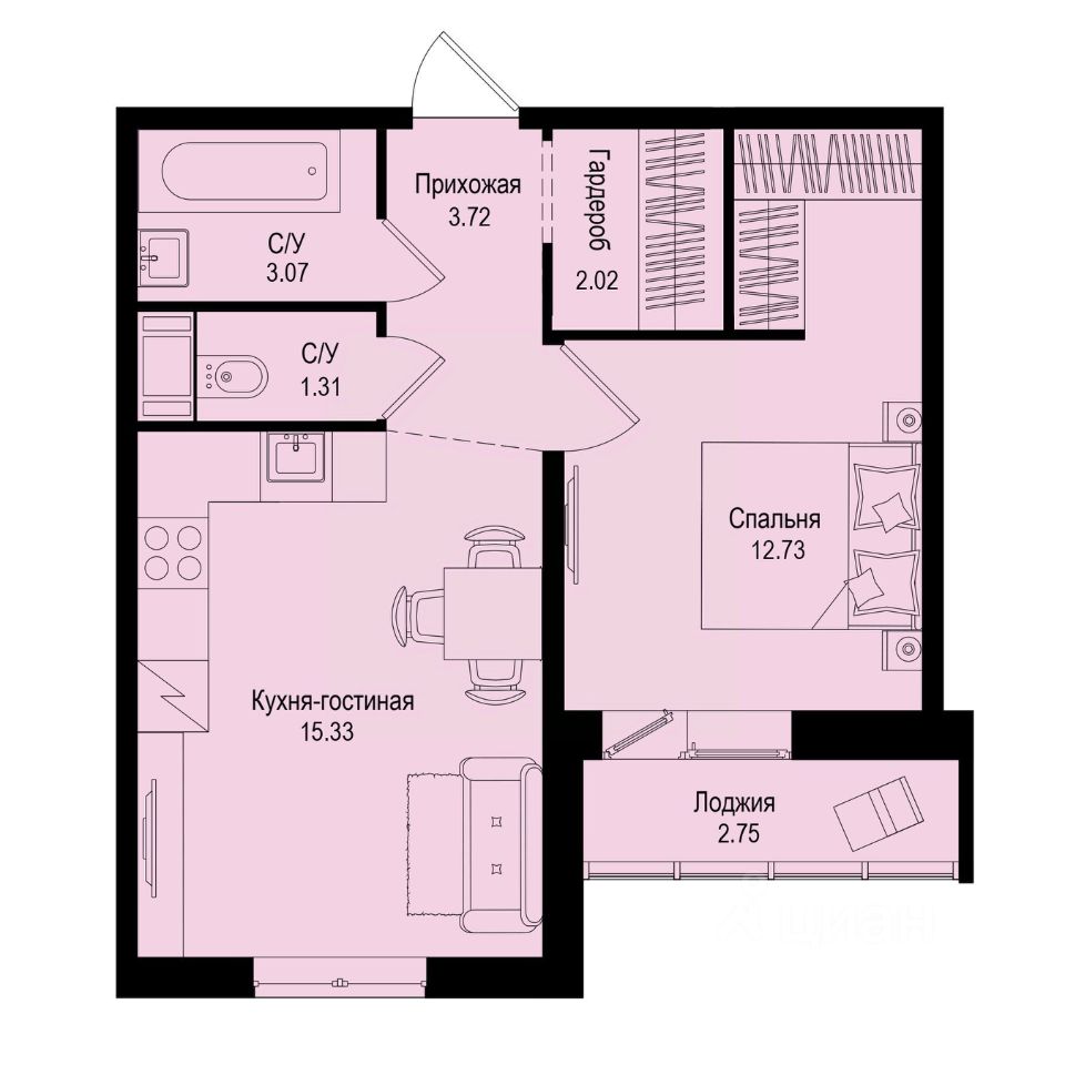 1-комн.кв., 39,5 м², 8/9 этаж