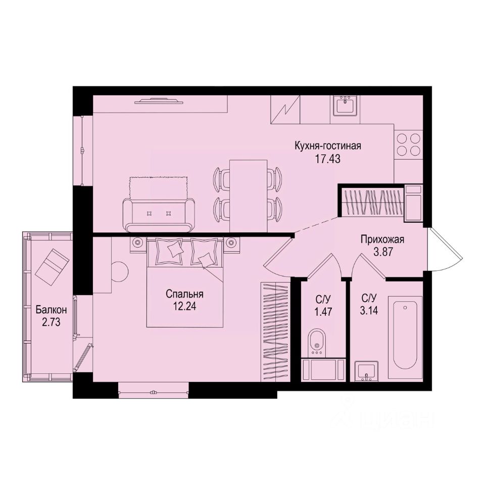 1-комн.кв., 39 м², 4/9 этаж