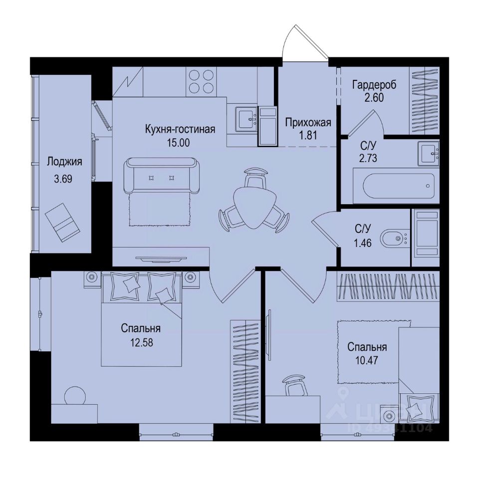 2-комн.кв., 48,5 м², 3/9 этаж