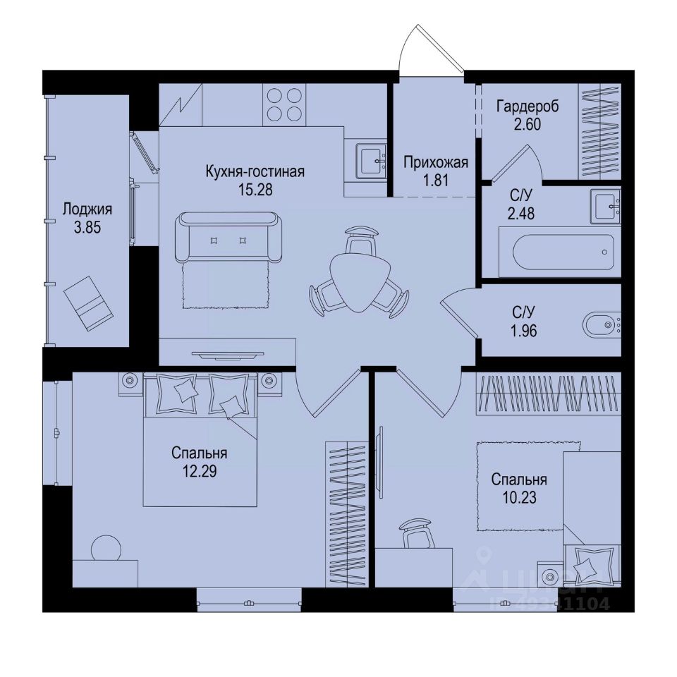 2-комн.кв., 48,6 м², 2/9 этаж